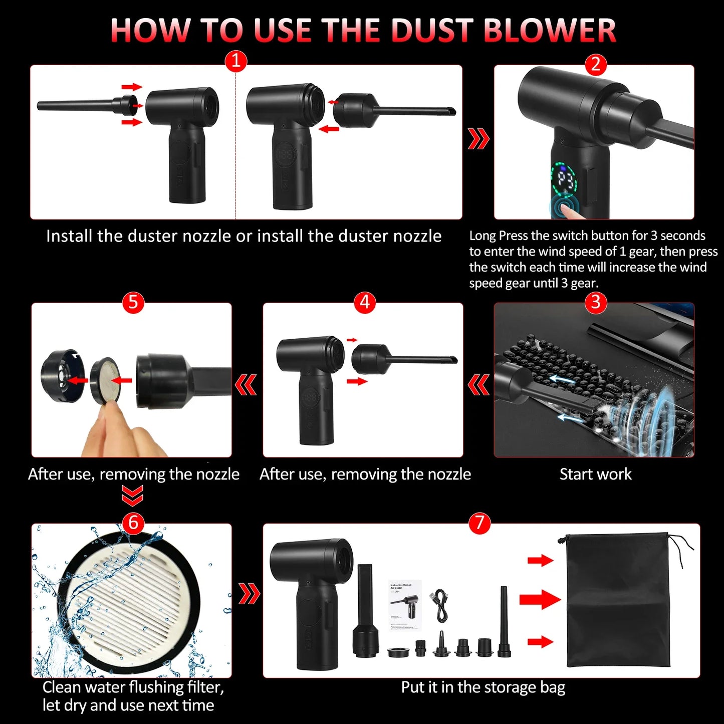 Electric Compressed Air Duster 100W - Screen Digital 7500mAh Rechargeable