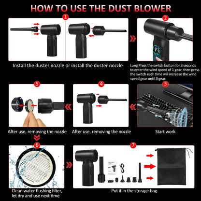 Electric Compressed Air Duster 100W - Screen Digital 7500mAh Rechargeable