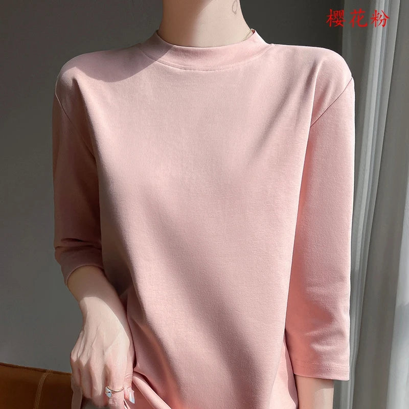 T-Shirt Women's 100% Cotton Mock Neck Short Sleeve - Loose Summer Fall