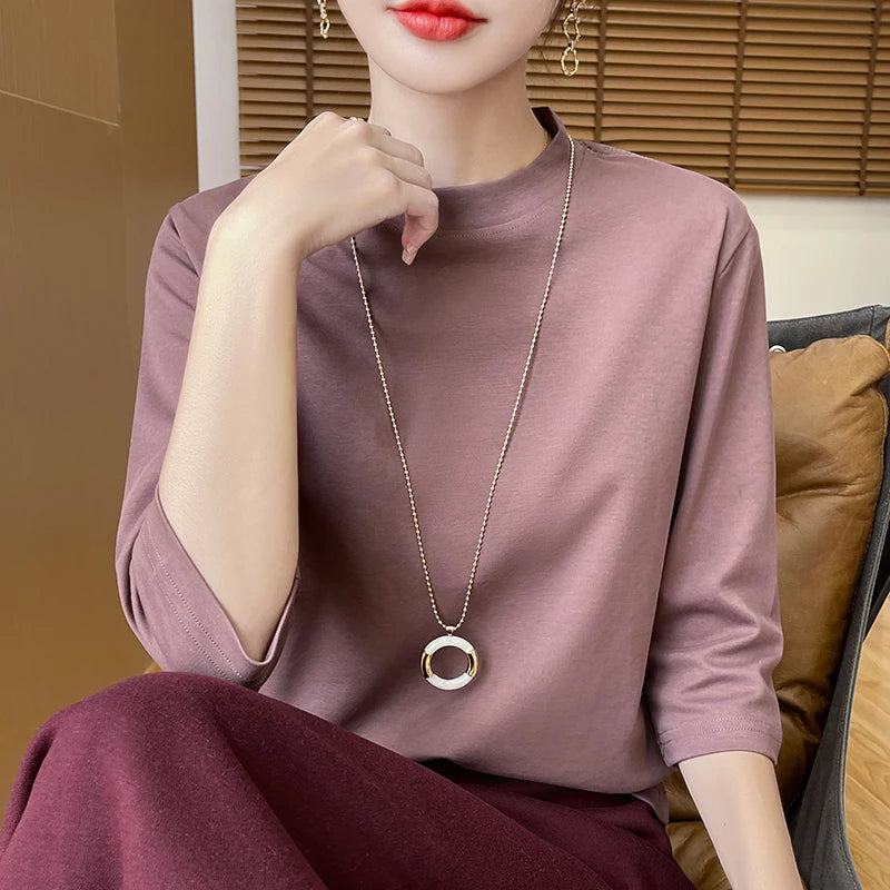 T-Shirt Women's 100% Cotton Mock Neck Short Sleeve - Loose Summer Fall
