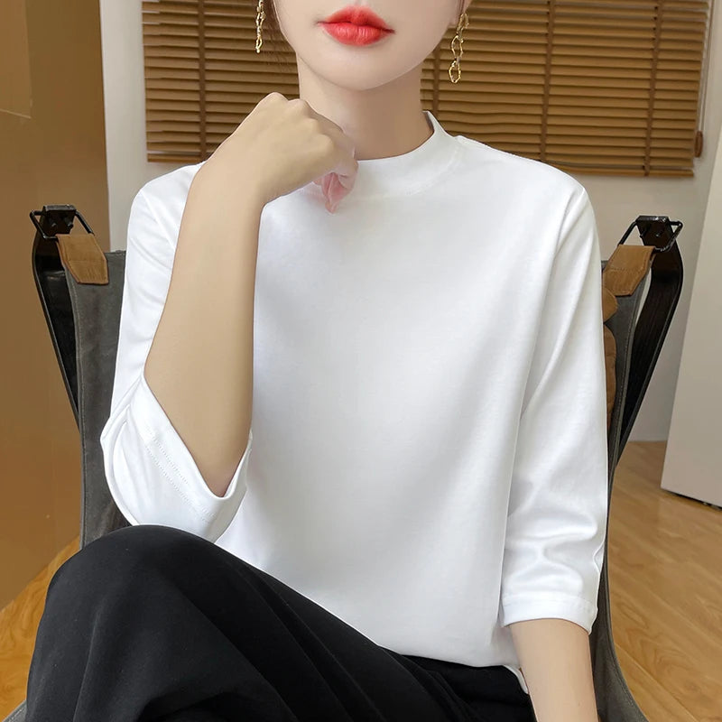 T-Shirt Women's 100% Cotton Mock Neck Short Sleeve - Loose Summer Fall