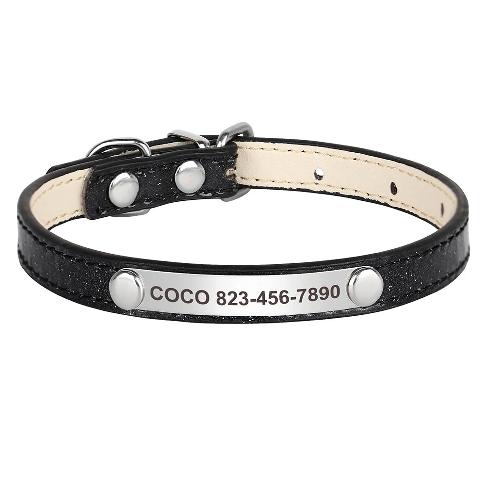 Cat Collar Personalized Leather Free Engraving - ID Kitten Dog Bling