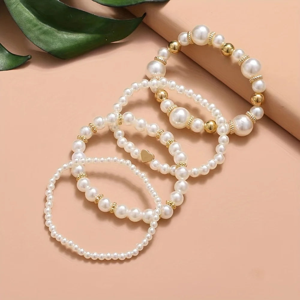 Set of 4 Simple Pearl Bracelets Unisex - Minimalist Faux Pearl Style