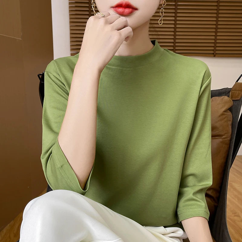 T-Shirt Women's 100% Cotton Mock Neck Short Sleeve - Loose Summer Fall