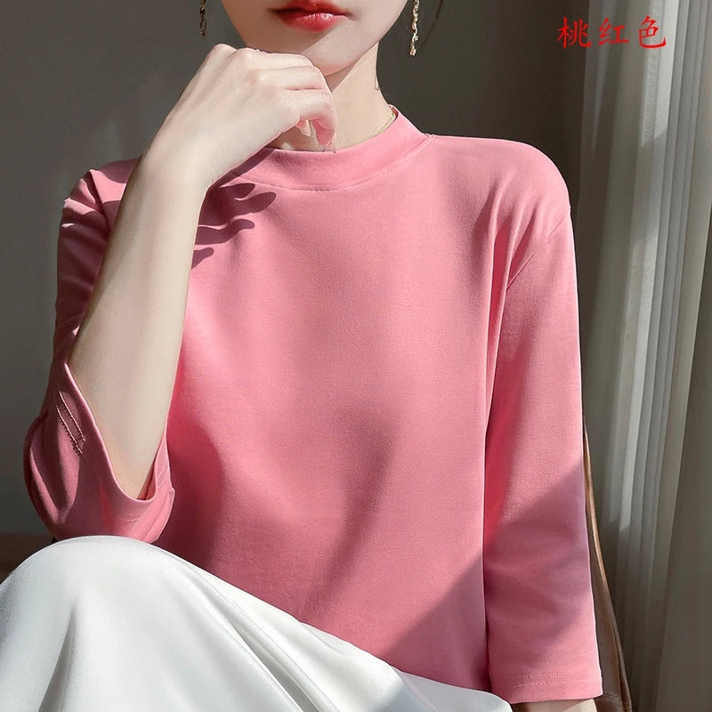 T-Shirt Women's 100% Cotton Mock Neck Short Sleeve - Loose Summer Fall