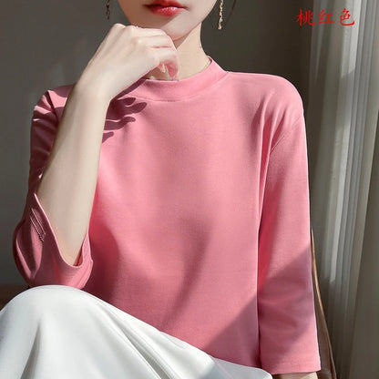 T-Shirt Women's 100% Cotton Mock Neck Short Sleeve - Loose Summer Fall