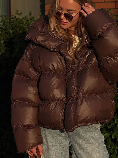 Jacket Short Women's Cotton Hooded Marron - High Neck Long Sleeve Fall Winter