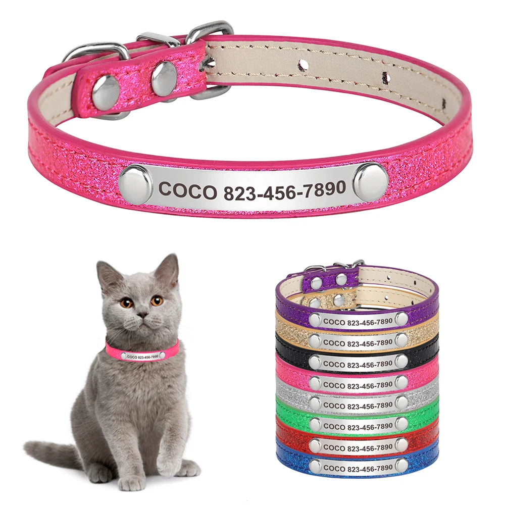 Cat Collar Personalized Leather Free Engraving - ID Kitten Dog Bling