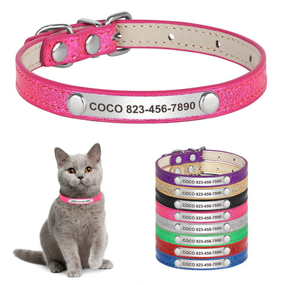 Cat Collar Personalized Leather Free Engraving - ID Kitten Dog Bling