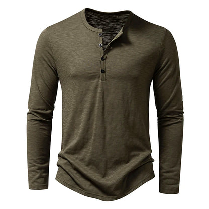 Henley T-Shirt Men's Cotton Long Sleeve - Button Collar Casual Breathable