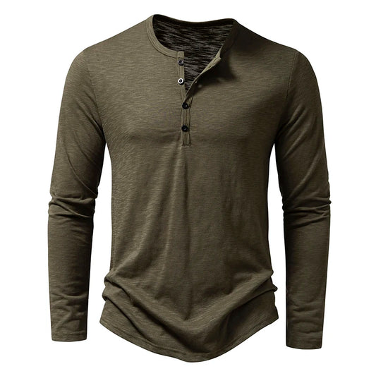 Henley T-Shirt Men's Cotton Long Sleeve - Button Collar Casual Breathable