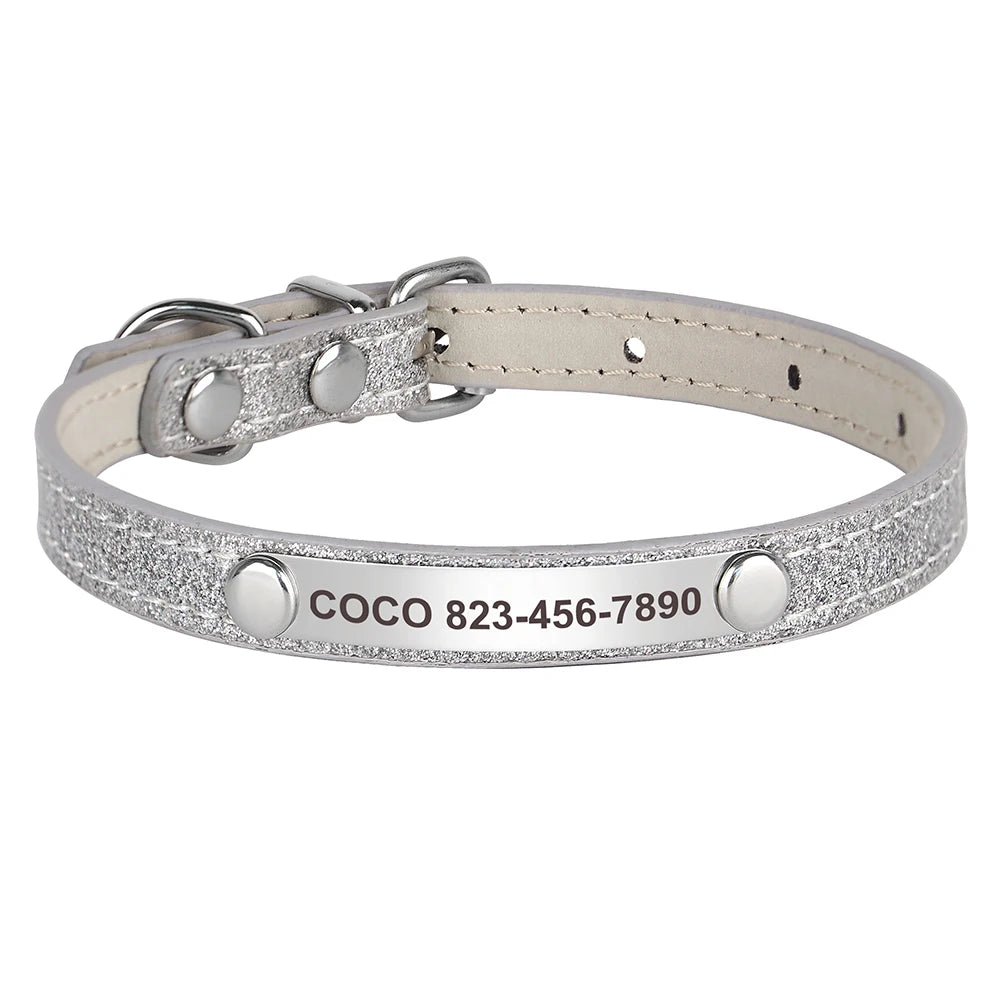 Cat Collar Personalized Leather Free Engraving - ID Kitten Dog Bling