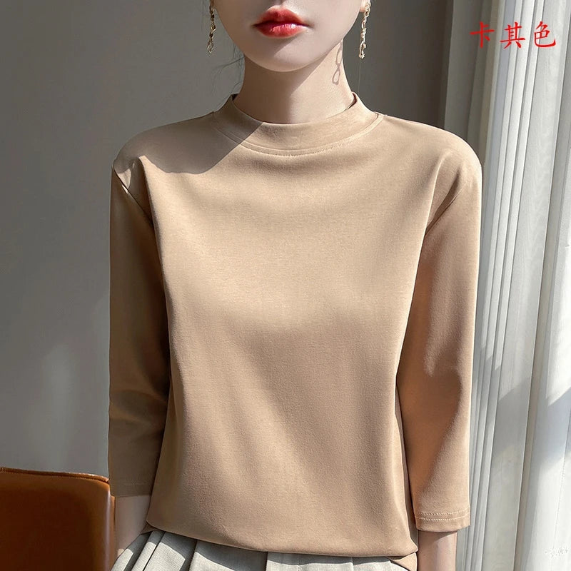 T-Shirt Women's 100% Cotton Mock Neck Short Sleeve - Loose Summer Fall