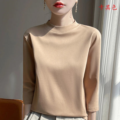 T-Shirt Women's 100% Cotton Mock Neck Short Sleeve - Loose Summer Fall