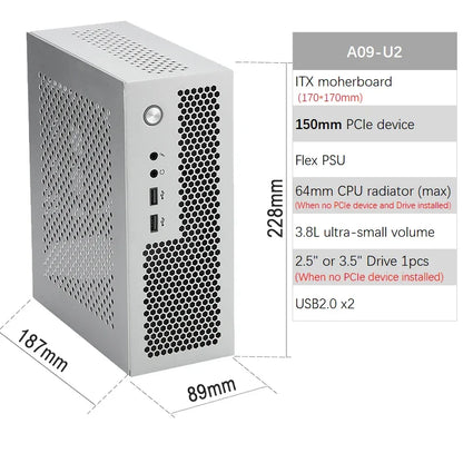 ITX Case A09 3.8L Mini PC HTPC - Holder PCIe SSD 2.5'' Portable
