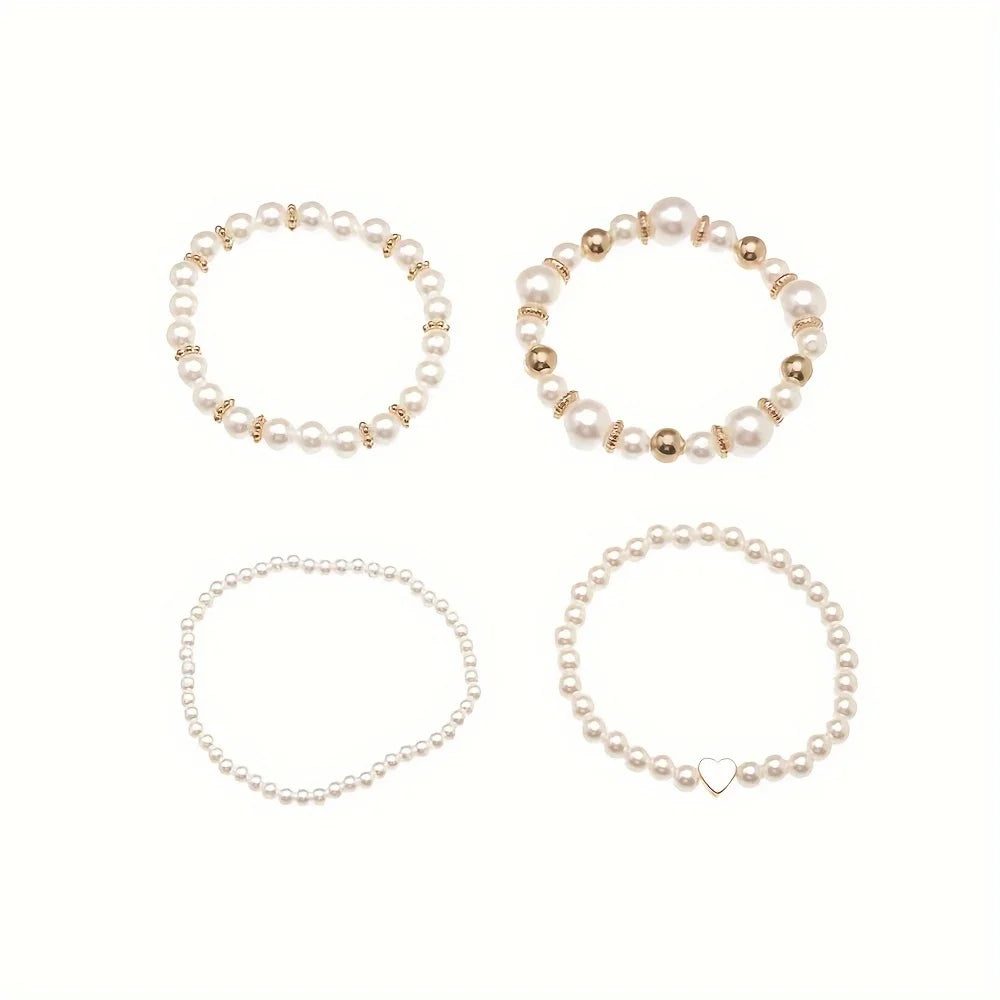 Set of 4 Simple Pearl Bracelets Unisex - Minimalist Faux Pearl Style