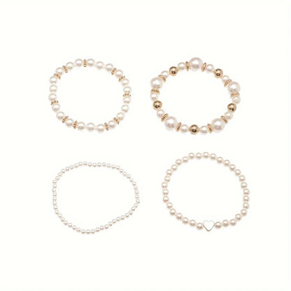 Set of 4 Simple Pearl Bracelets Unisex - Minimalist Faux Pearl Style