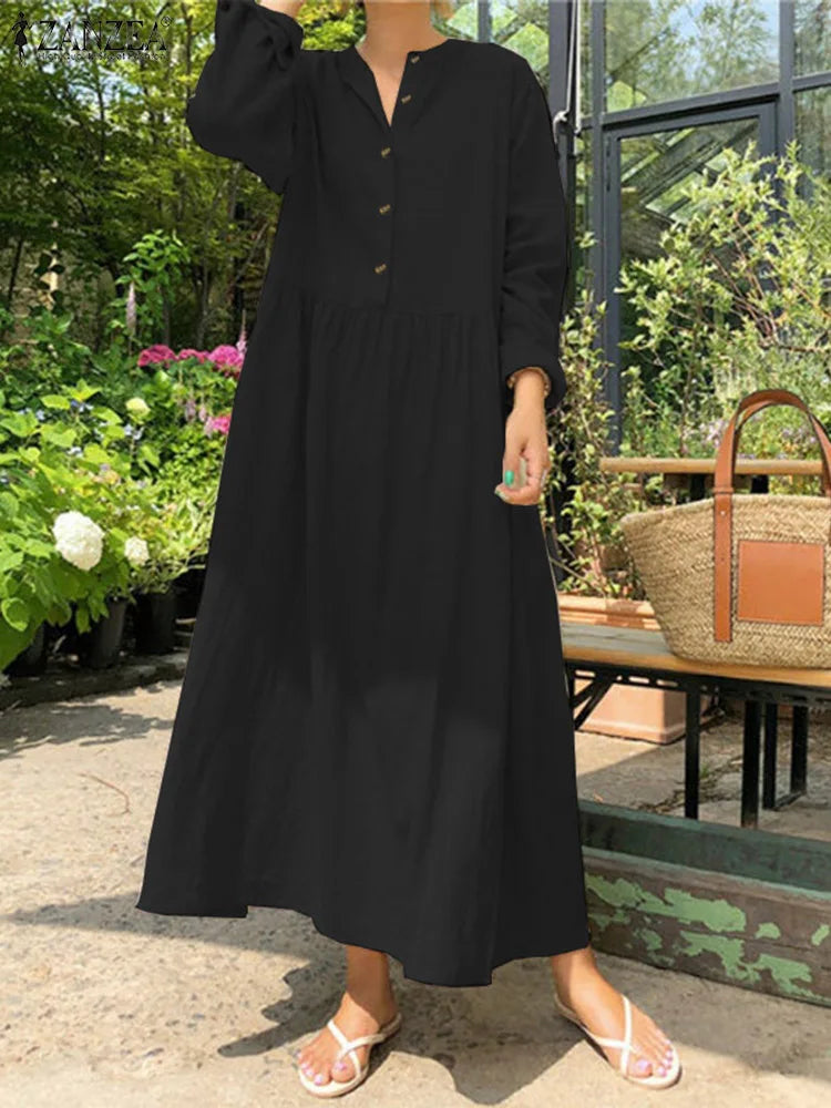 Dress Maxi Women's Cotton Bohemian ZANZEA - Shirt Long Long Sleeve Fall