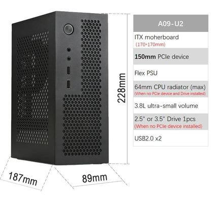 ITX Case A09 3.8L Mini PC HTPC - Holder PCIe SSD 2.5'' Portable