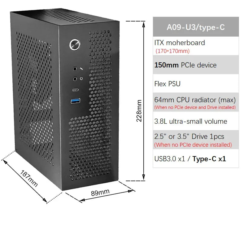 ITX Case A09 3.8L Mini PC HTPC - Holder PCIe SSD 2.5'' Portable