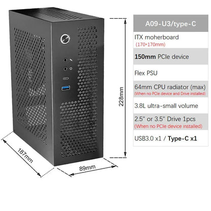 ITX Case A09 3.8L Mini PC HTPC - Holder PCIe SSD 2.5'' Portable