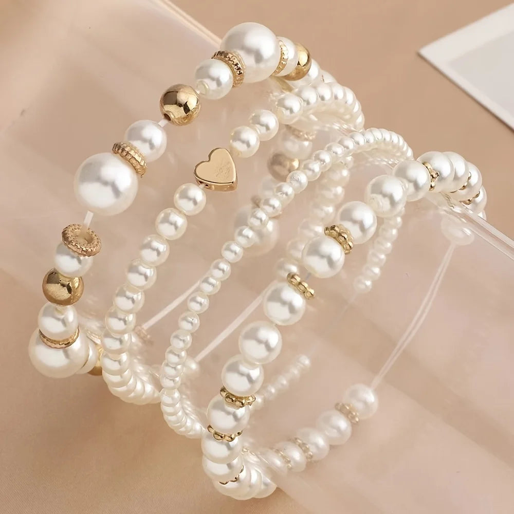 Set of 4 Simple Pearl Bracelets Unisex - Minimalist Faux Pearl Style