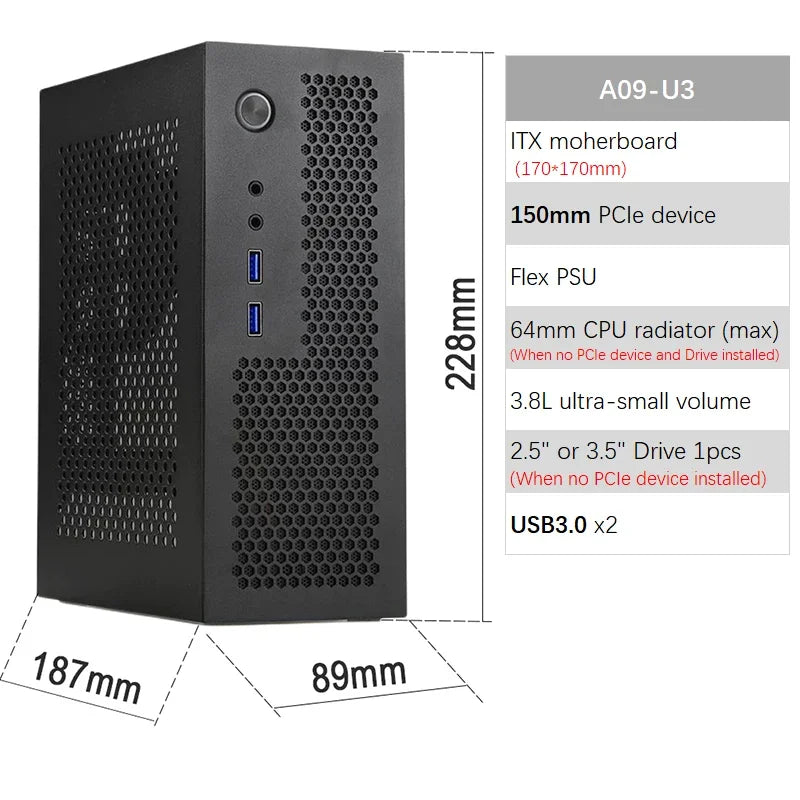 ITX Case A09 3.8L Mini PC HTPC - Holder PCIe SSD 2.5'' Portable