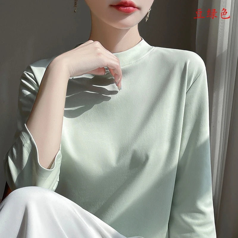 T-Shirt Women's 100% Cotton Mock Neck Short Sleeve - Loose Summer Fall