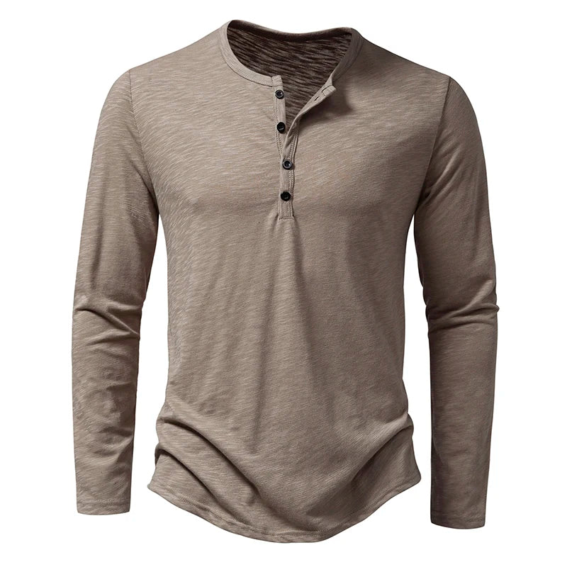 Henley T-Shirt Men's Cotton Long Sleeve - Button Collar Casual Breathable