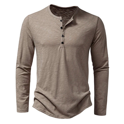 Henley T-Shirt Men's Cotton Long Sleeve - Button Collar Casual Breathable