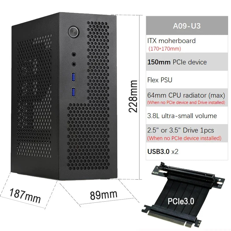 ITX Case A09 3.8L Mini PC HTPC - Holder PCIe SSD 2.5'' Portable