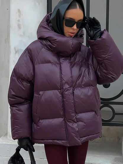 Jacket Short Women's Cotton Hooded Marron - High Neck Long Sleeve Fall Winter