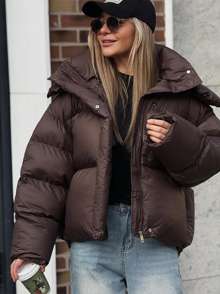 Jacket Short Women's Cotton Hooded Marron - High Neck Long Sleeve Fall Winter
