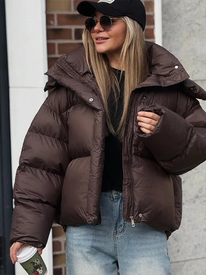 Jacket Short Women's Cotton Hooded Marron - High Neck Long Sleeve Fall Winter