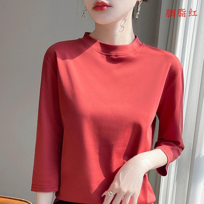 T-Shirt Women's 100% Cotton Mock Neck Short Sleeve - Loose Summer Fall