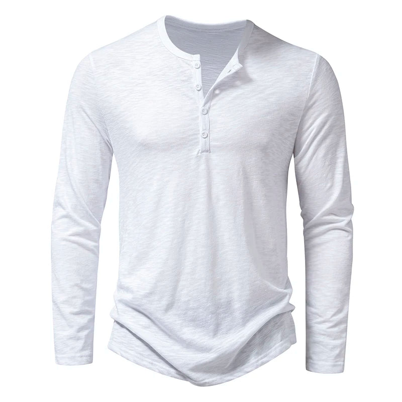 Henley T-Shirt Men's Cotton Long Sleeve - Button Collar Casual Breathable