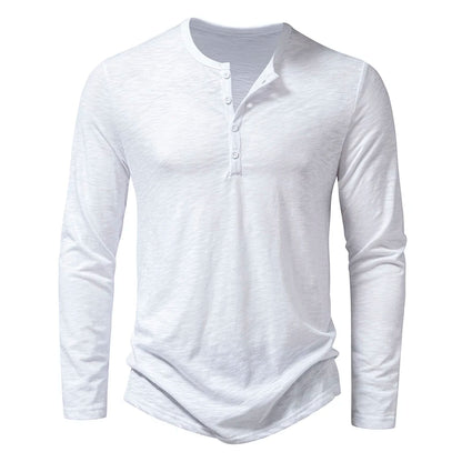Henley T-Shirt Men's Cotton Long Sleeve - Button Collar Casual Breathable