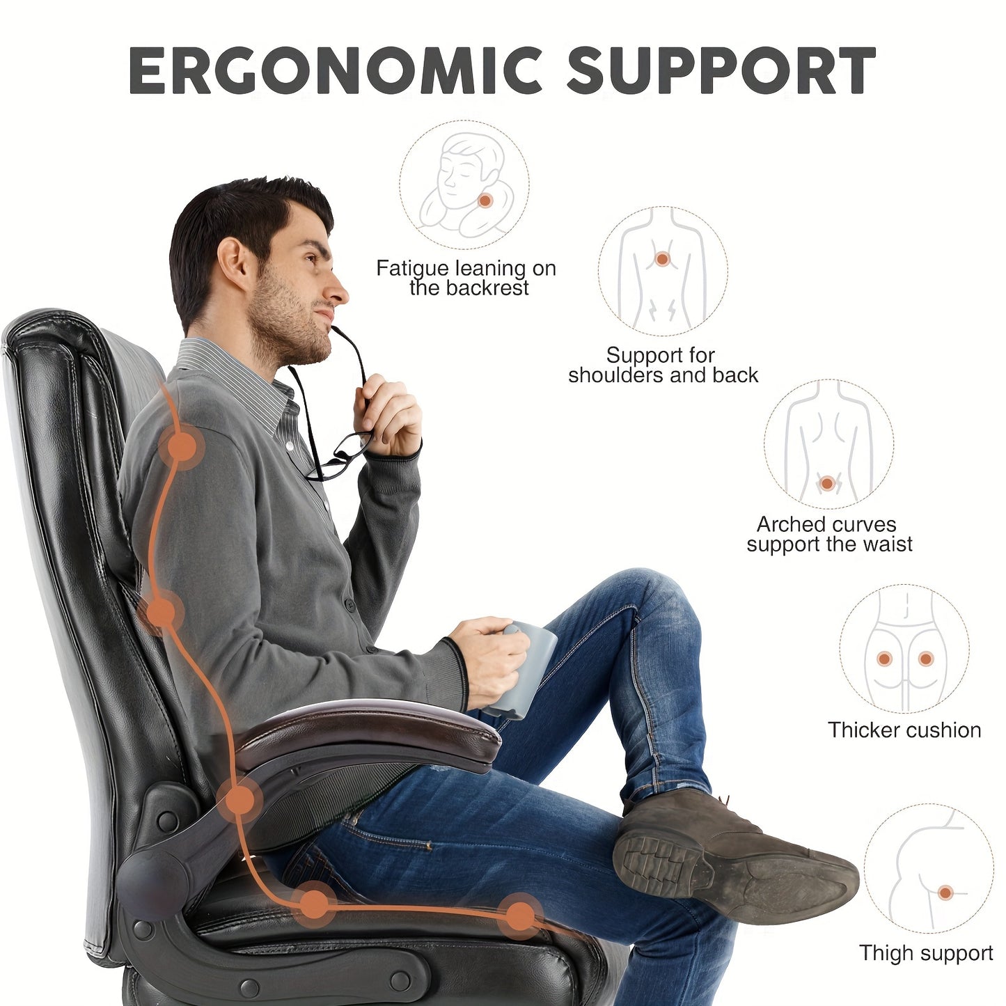 OLIXIS Leather Ergonomic Office Chair on Wheels - Lumbar Support Rotating