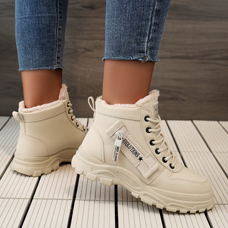 Boots Winter Women's Fleece-Lined - Ankle Boots Warm Thick Sole Lace-Up