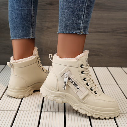 Boots Winter Women's Fleece-Lined - Ankle Boots Warm Thick Sole Lace-Up