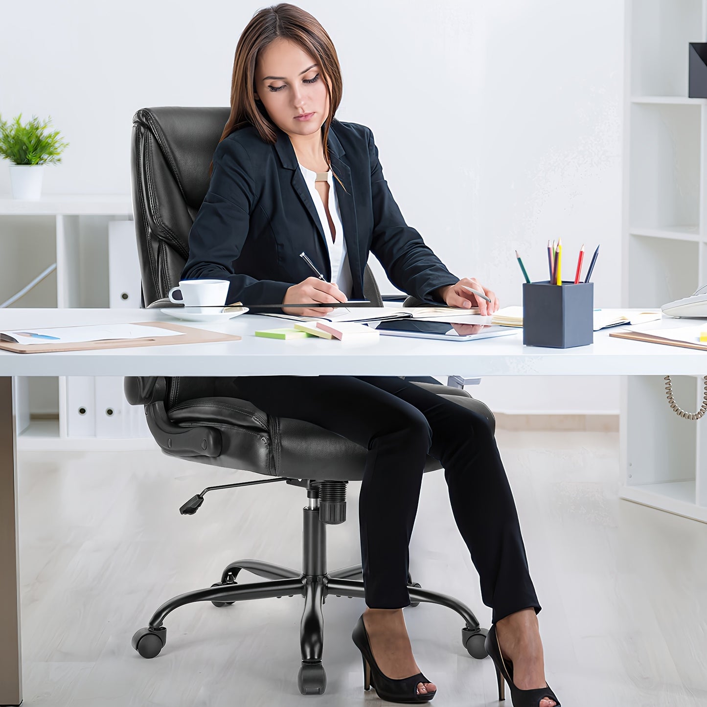OLIXIS Leather Ergonomic Office Chair on Wheels - Lumbar Support Rotating