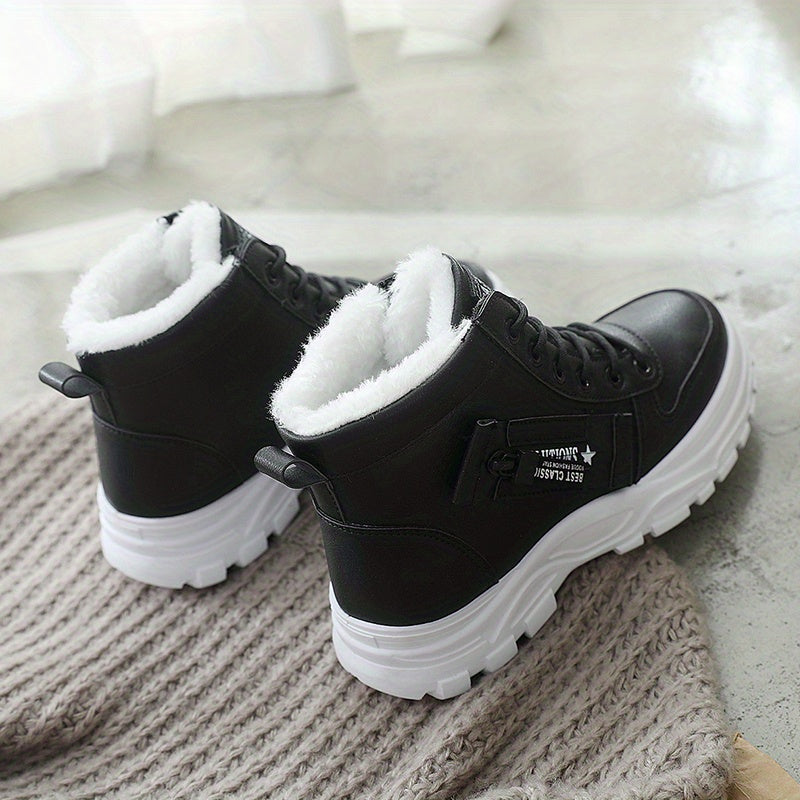 Boots Winter Women's Fleece-Lined - Ankle Boots Warm Thick Sole Lace-Up