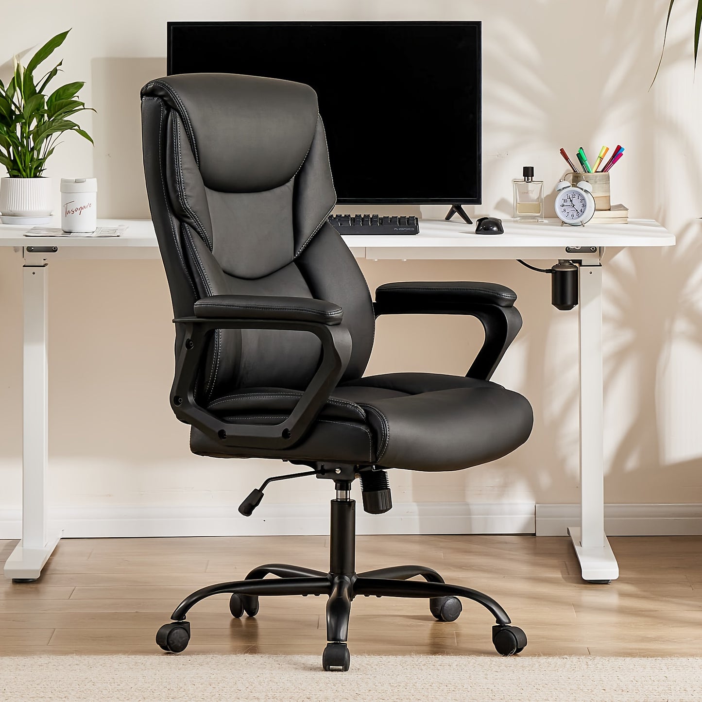 OLIXIS Leather Ergonomic Office Chair on Wheels - Lumbar Support Rotating