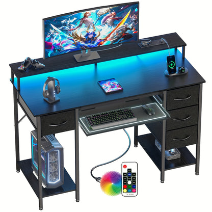 Gaming Desk LED with Drawers and Outlets - Monitor Holder Keyboard Home