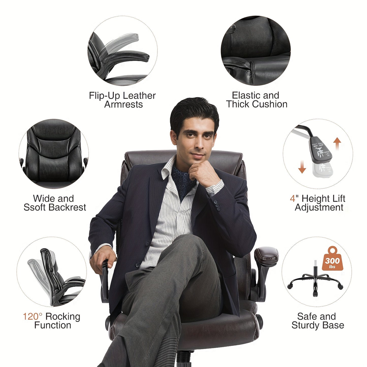 OLIXIS Leather Ergonomic Office Chair on Wheels - Lumbar Support Rotating